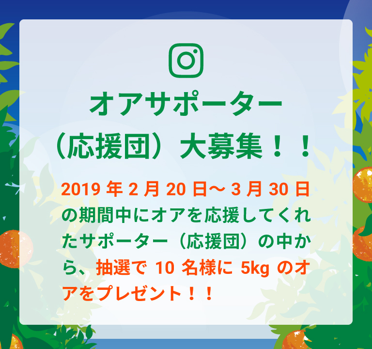 オアサポーター（応援団）大募集！！2019年2月20日～3月30日の期間中にオアを応援してくれたサポーター（応援団）の中から、抽選で10 名様に5kg のオアをプレゼント！！