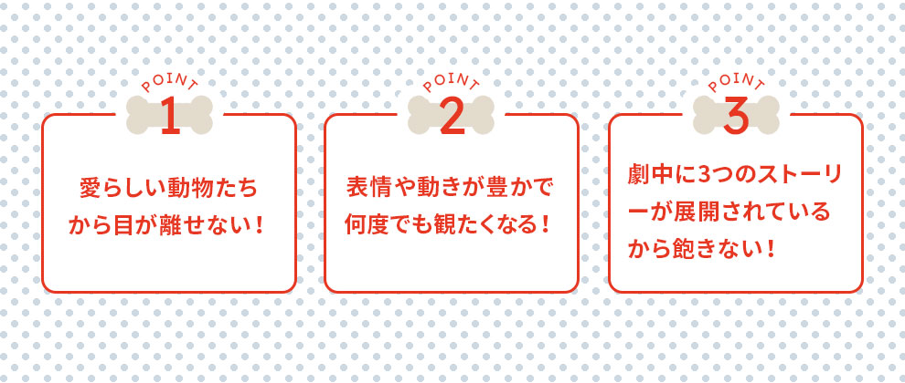 愛らしい動物たちから目が離せない。表情や動きが豊かで何度でも観たくなる。劇中に3つのストーリーが展開されているから飽きない。