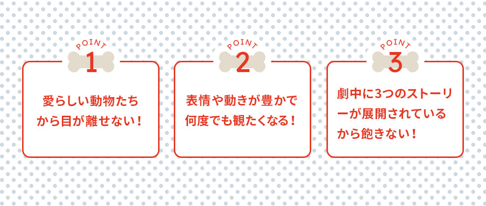 愛らしい動物たちから目が離せない。表情や動きが豊かで何度でも観たくなる。劇中に3つのストーリーが展開されているから飽きない。