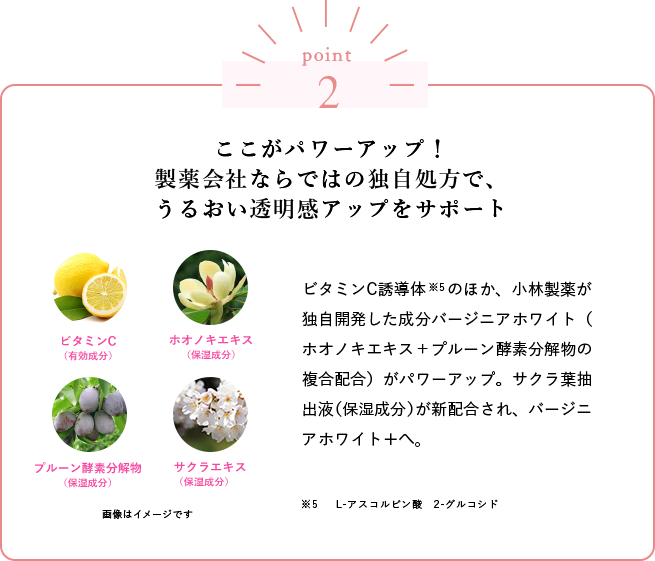 ここがパワーアップ！製薬会社ならではの独自処方で、うるおい透明感アップをサポートビタミンC誘導体※5のほか、小林製薬が独自開発した成分バージニアホワイト（ホオノキエキス＋プルーン酵素分解物の複合配合）がパワーアップ。サクラ葉抽出液（保湿成分）が新配合され、バージニアホワイト＋へ。※5L-アスコルビン酸　2-グルコシド