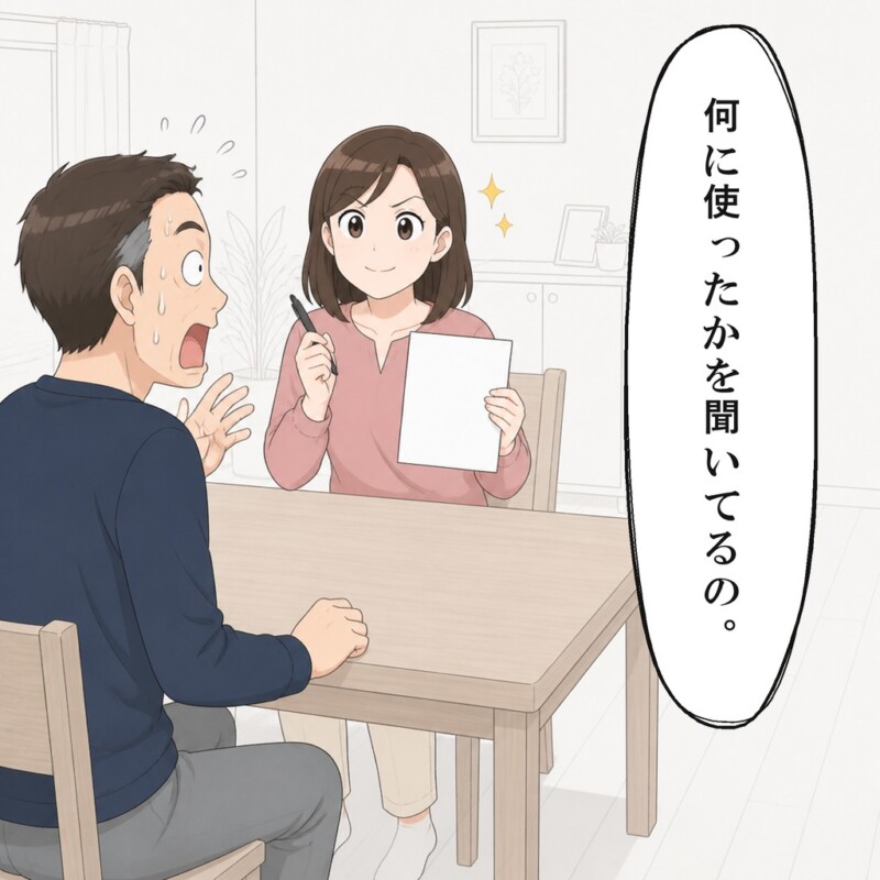 質問に答えない夫を前に妻は紙を用意します