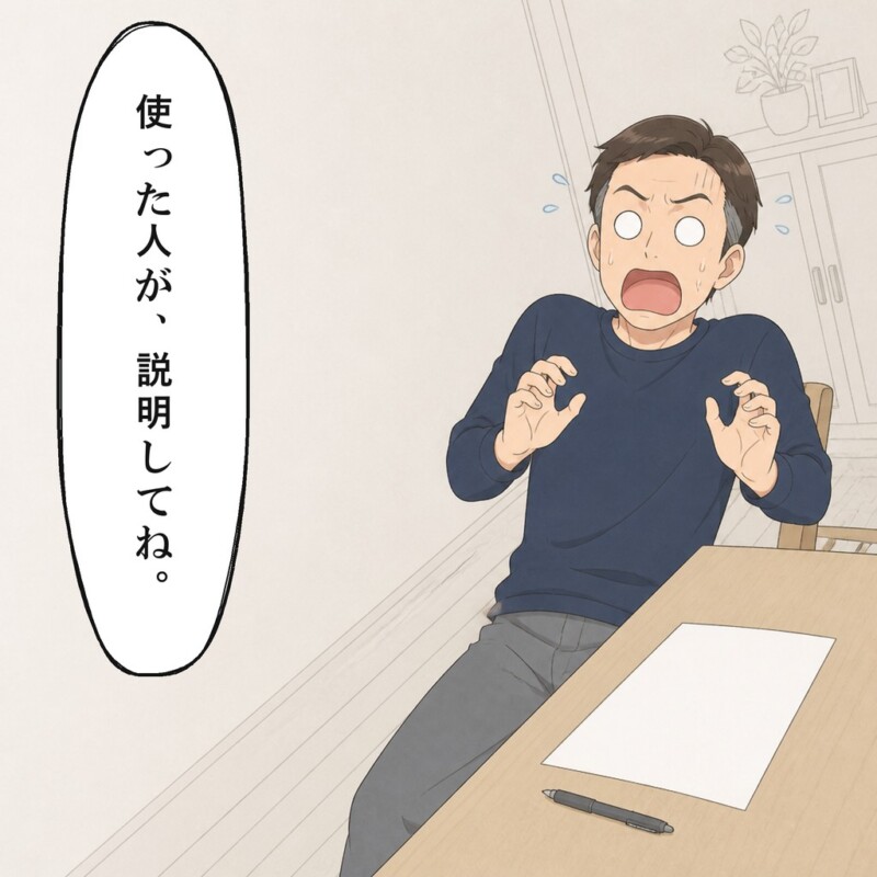 説明を求められた夫は紙とペンを前に固まります