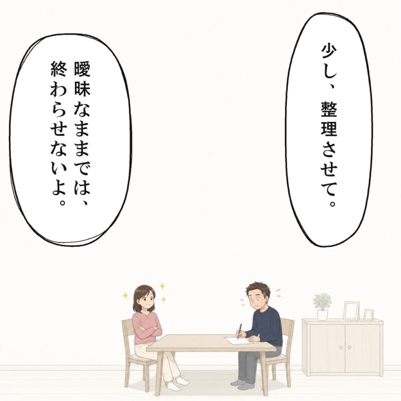 夫はペンを受け取り自分で説明する番になります
