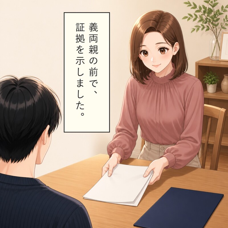 妻は義両親がいる場で資料をテーブルに置きます
