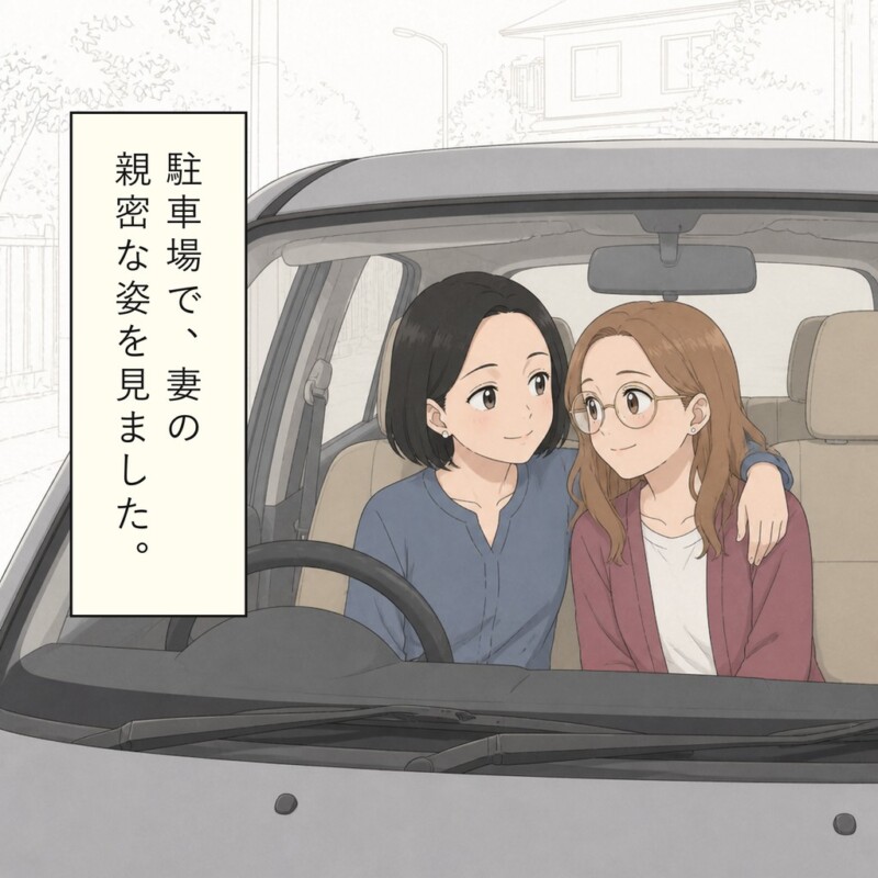 駐車場の車内で妻は別の相手と親密にしています