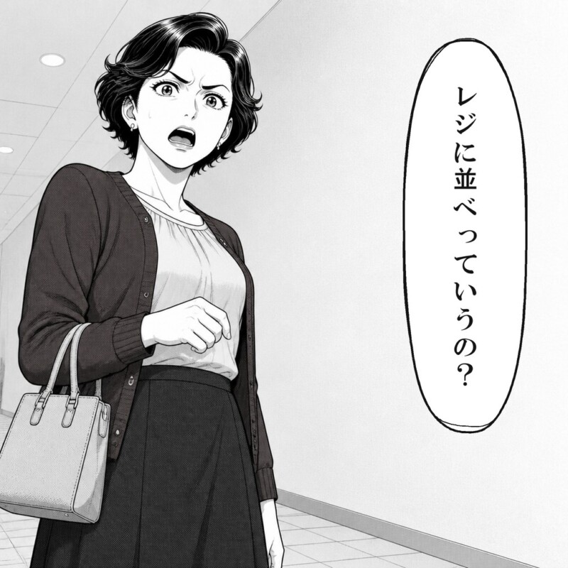 女性客は列に並ぶよう案内されて不満を示します