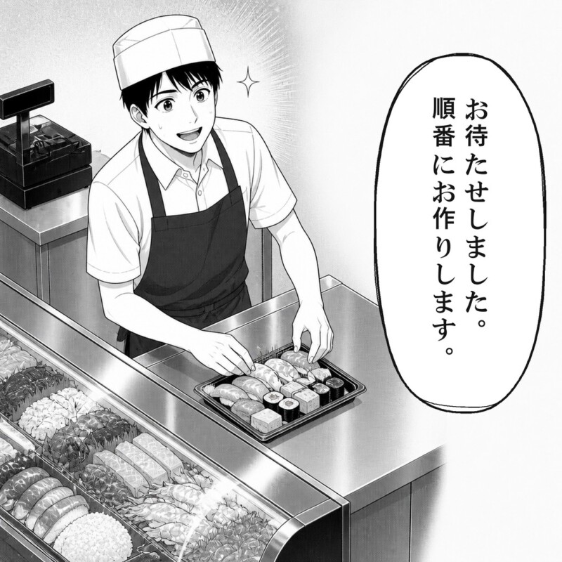 店員は列の順番を守って次の寿司を用意します
