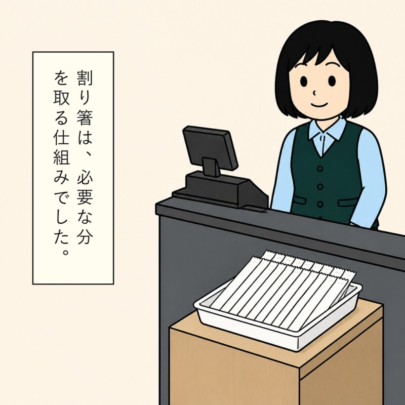 店員は必要な分を取る割り箸の置き場を見ています