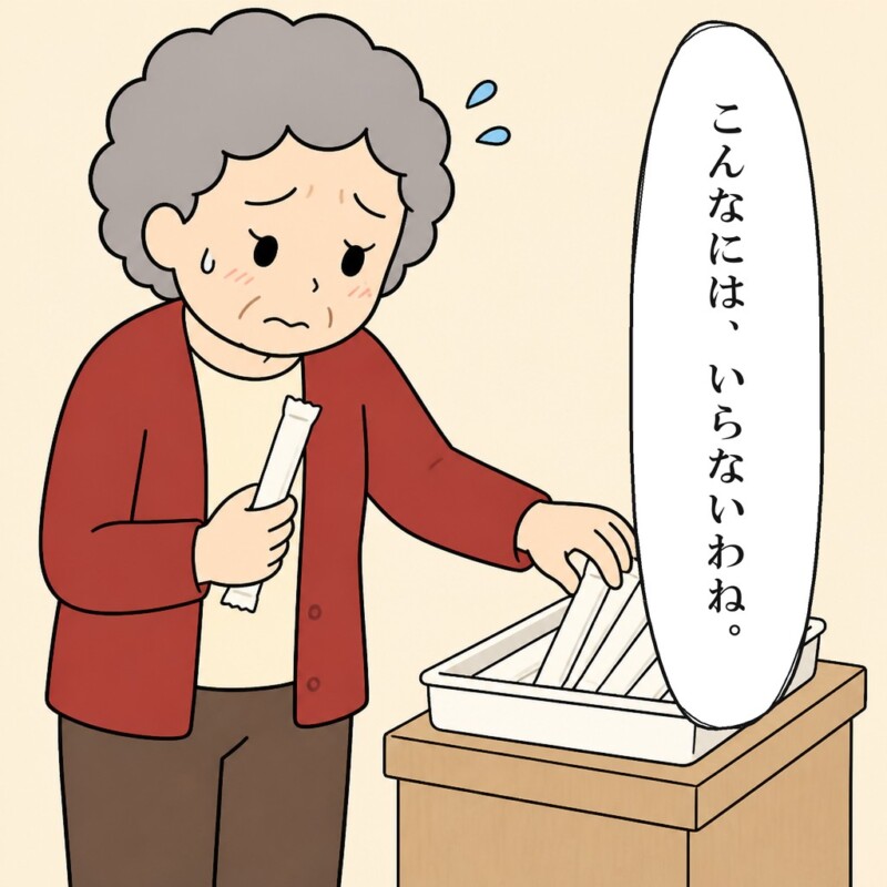 女性客は余分に取った割り箸を置き場へ戻します
