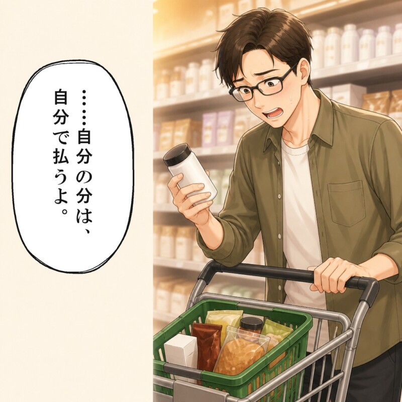 彼は自分の物を分けて別に会計すると答えます