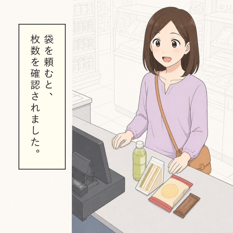 買い物中の女性は会計の際に袋をお願いしています