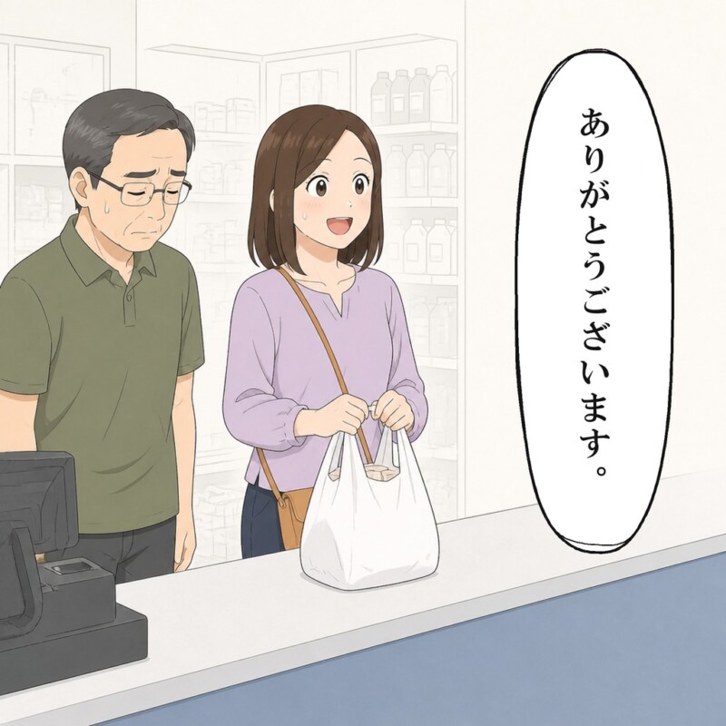 男性が黙る中で女性は袋を受け取りお礼を伝えます