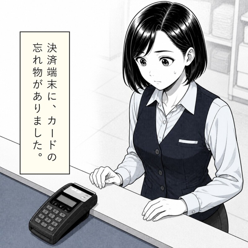 女性店員は決済端末に残されたカードに気づきます