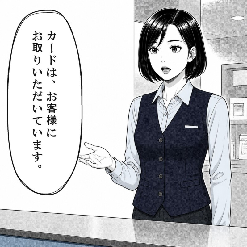 店員はカードを自分で取る会計の流れを説明します