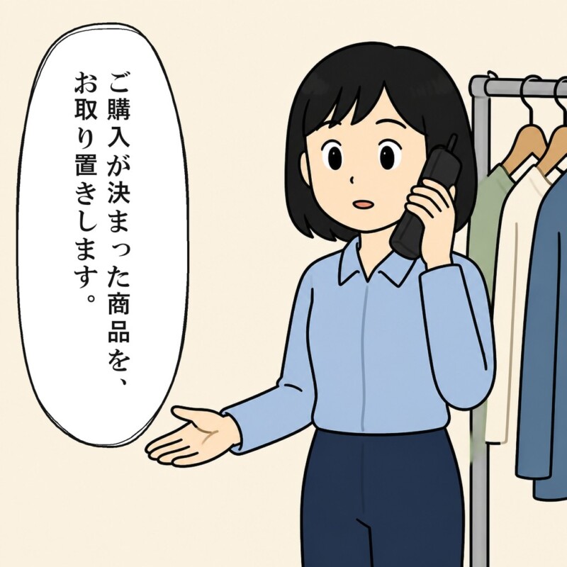 店員は購入が決まった商品のみ取り置くと説明します