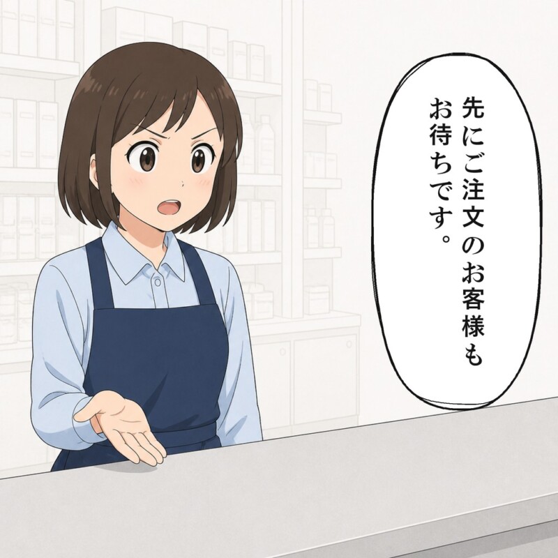 店員は先に注文した客も待っていると伝えます
