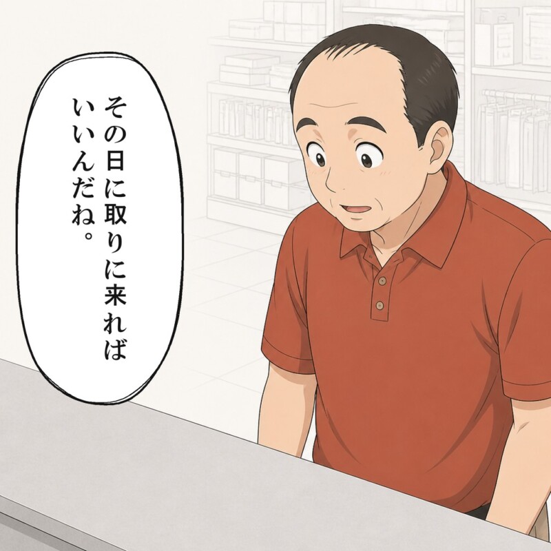 男性客は落ち着き受け取りに来る日を確認します