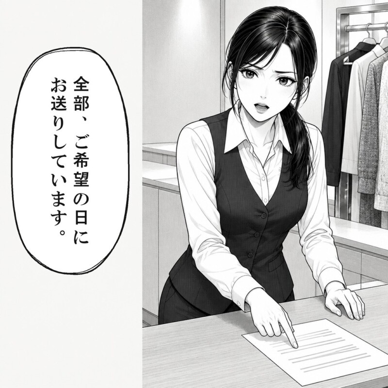 店員は来店した客に希望日へ配送した記録を示します
