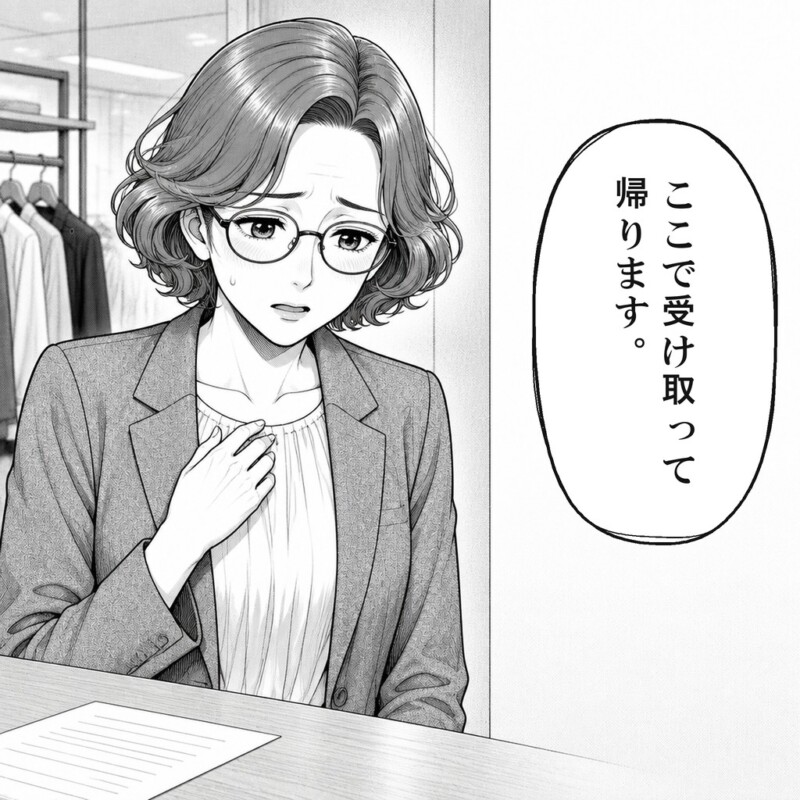 女性客は配送をやめて店で受け取ると答えます