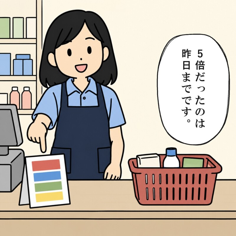 店員はレジ脇の案内を示して条件を伝えます