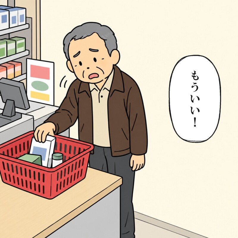 男性客は商品をかごに戻して店から出ていきます