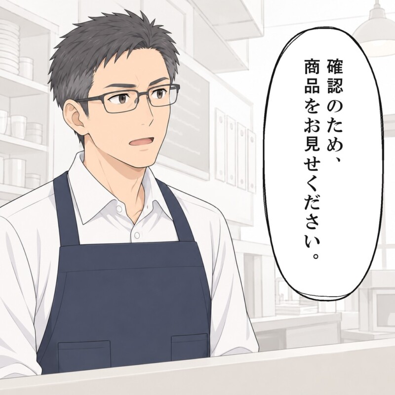 店長は現物確認の手順を店員と打ち合わせます