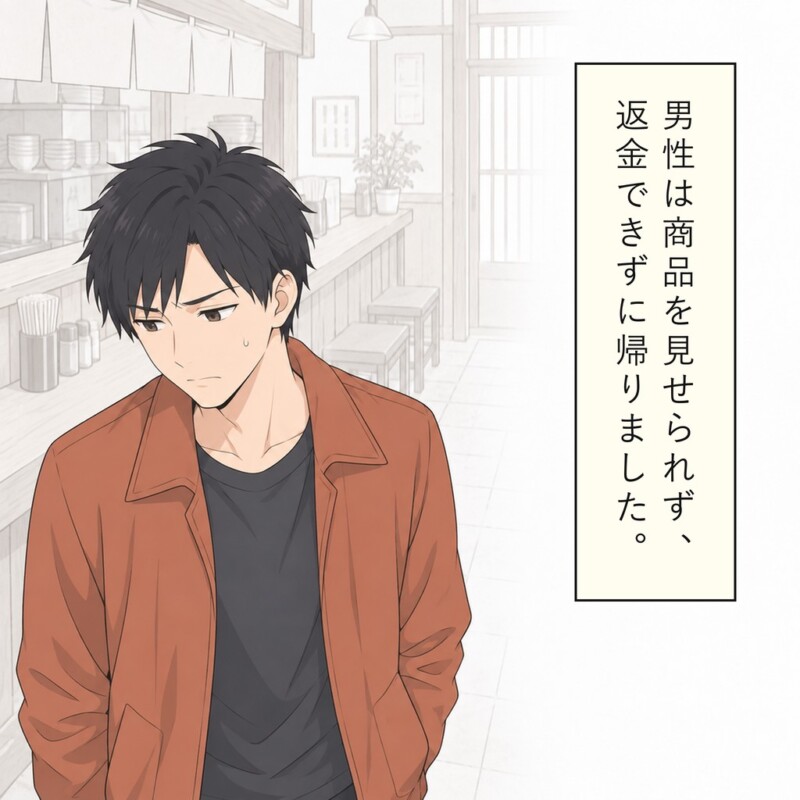 男性は商品を示せず、返金を押し通せずに帰ります