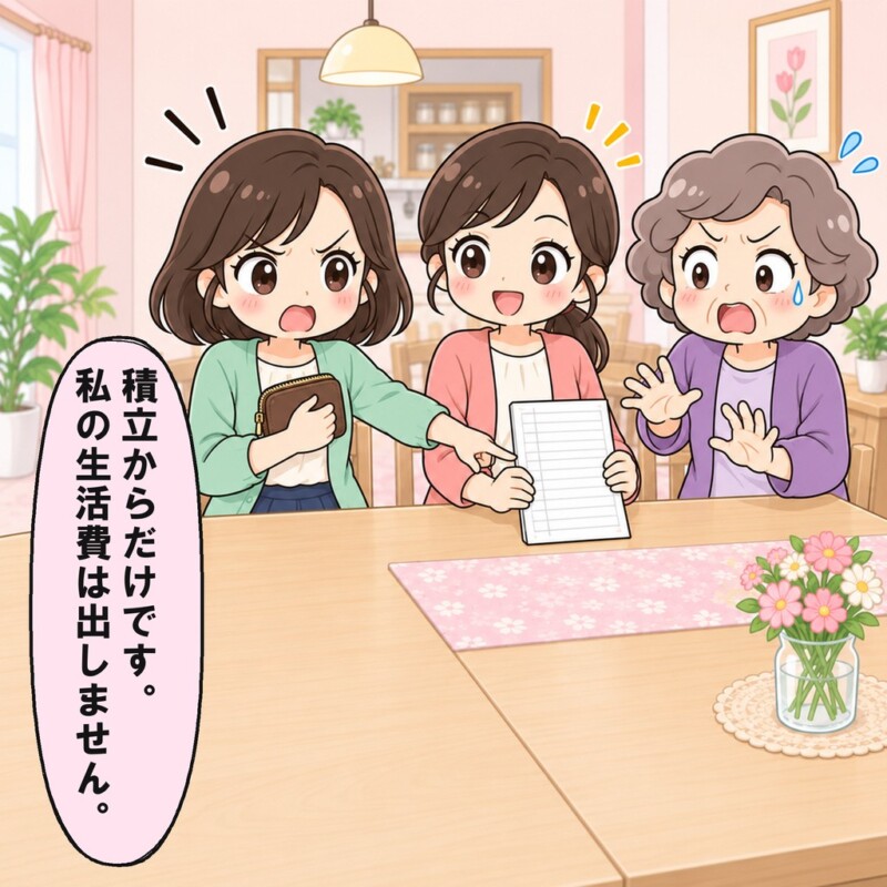 娘が財布を引き寄せ、積立からだけ出すと伝えます。