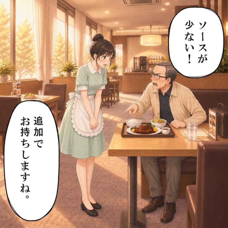 男性客はソースが少ないと言い、店員は追加を申し出ます