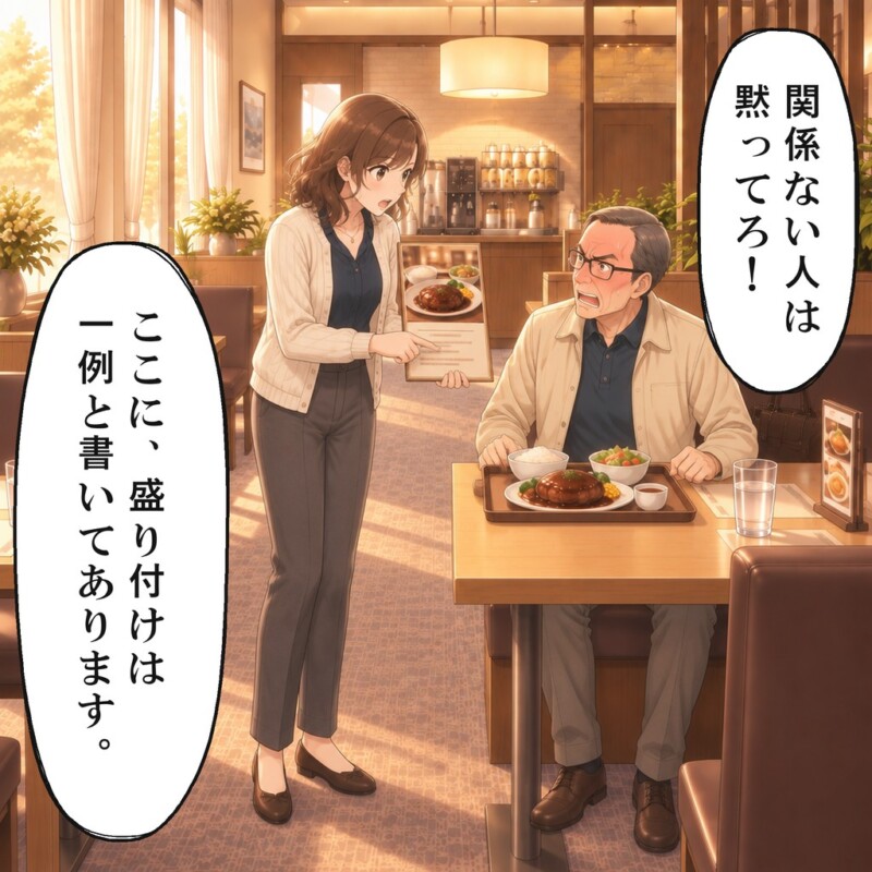 近くの席の女性がメニューを持ち、男性客の席の横へ行きます