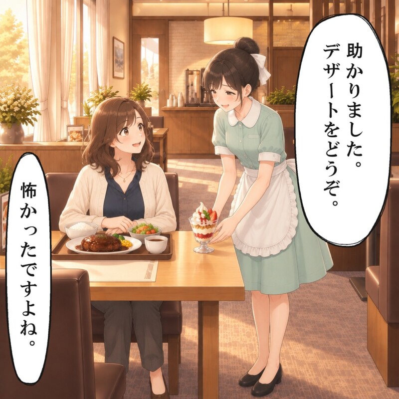 店員は近くの席の女性にお礼のデザートを出します