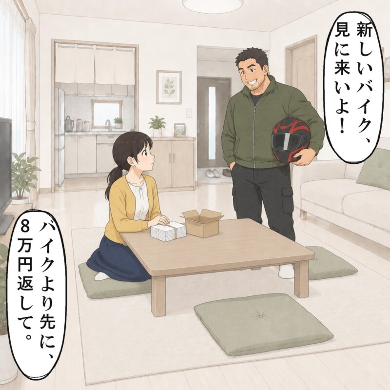 兄がヘルメットを抱えて来て、私は八万円を返してと言います