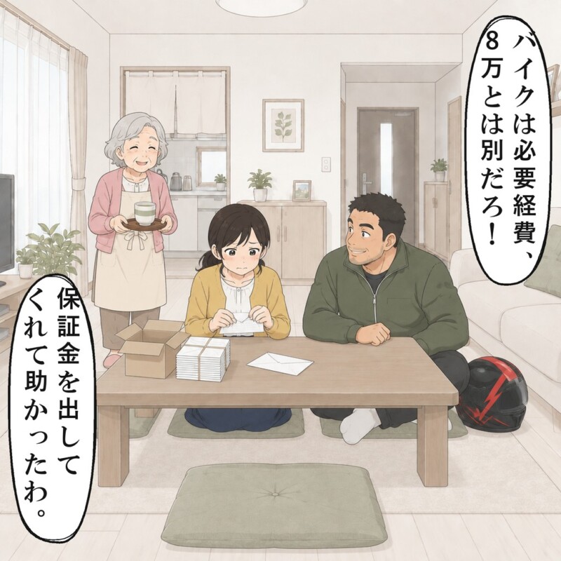 兄は小声でバイクは必要経費だと言い、母は兄に感謝します
