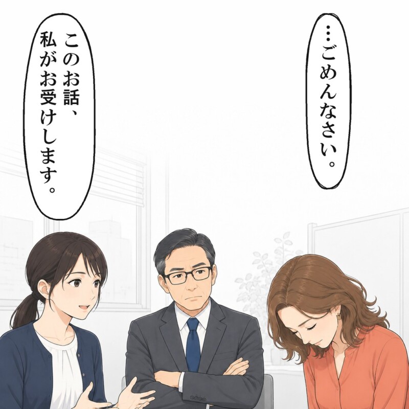 先輩が頭を下げ、私は作者として取引先の話を受けました