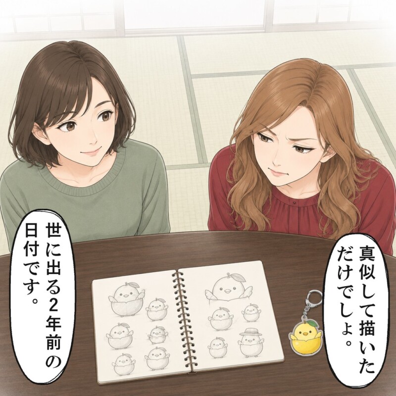 私はスケッチブックを開き、キーホルダーの隣に並べました