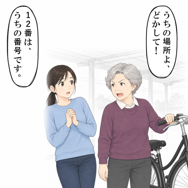 駐輪場の12番に停めた私を、古株の大西さんが責めました