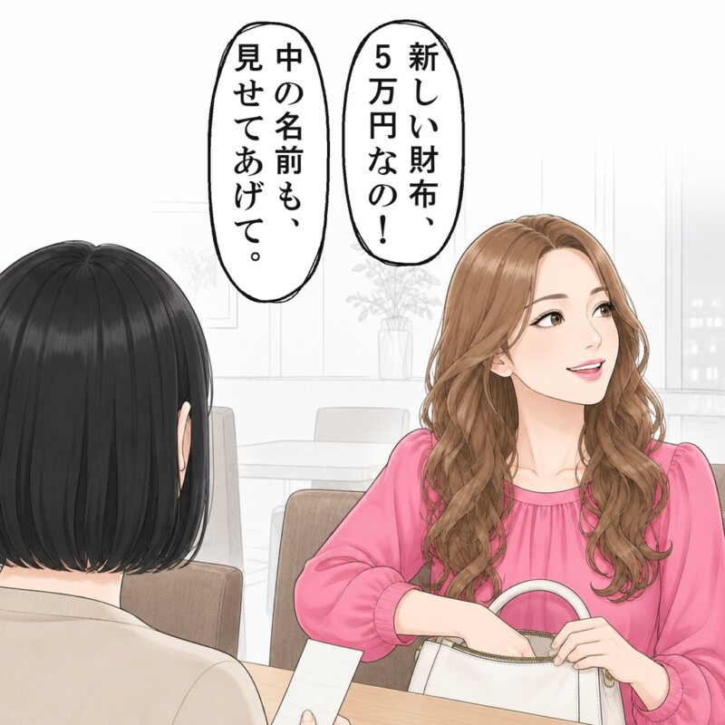 友人は話を変えて、新しい財布を自慢し始めました