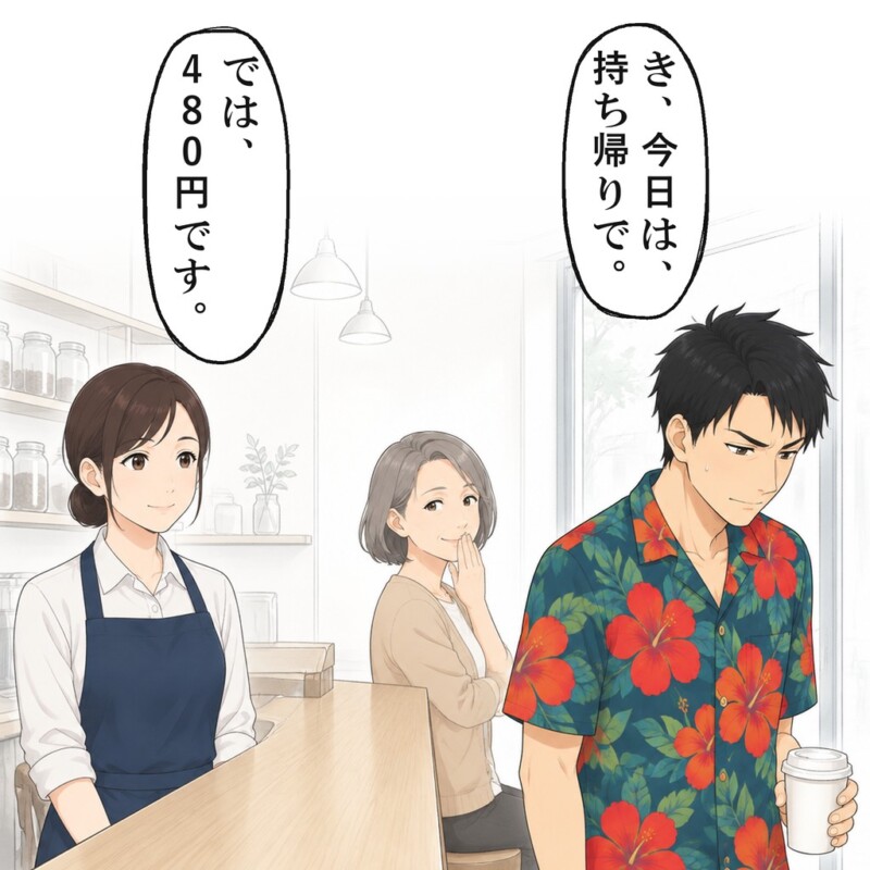 男性は持ち帰りに言い直し、私は1杯分の480円を告げました