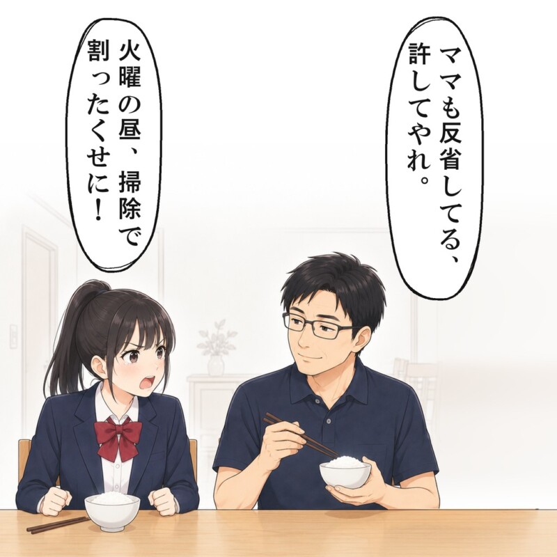 夕食で夫が許してやれと言うと、娘は火曜の昼の話を出しました