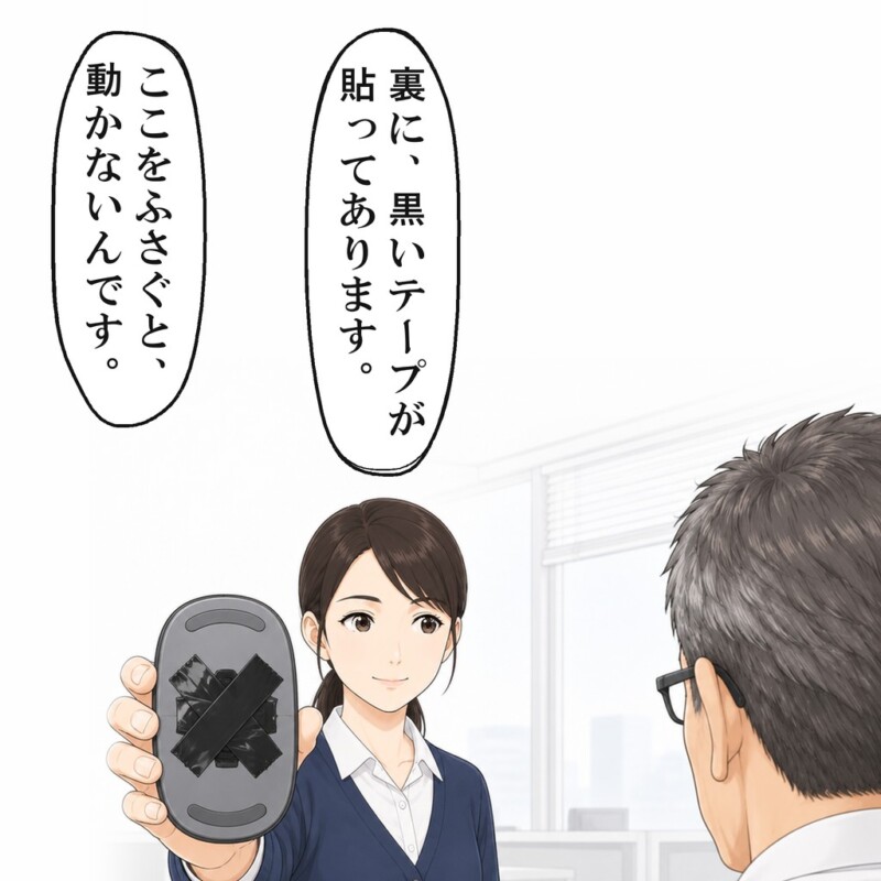 私が裏返したマウスには、黒いテープが貼られていました