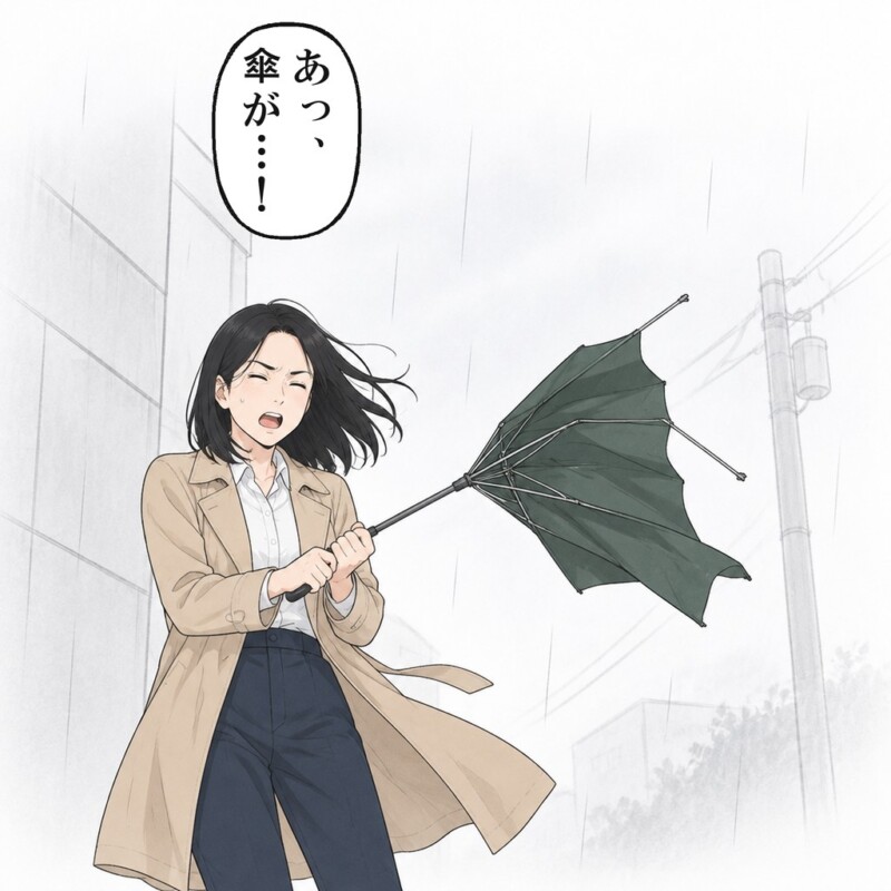 駅へ向かう途中、強い風で傘が裏返って折れてしまいました