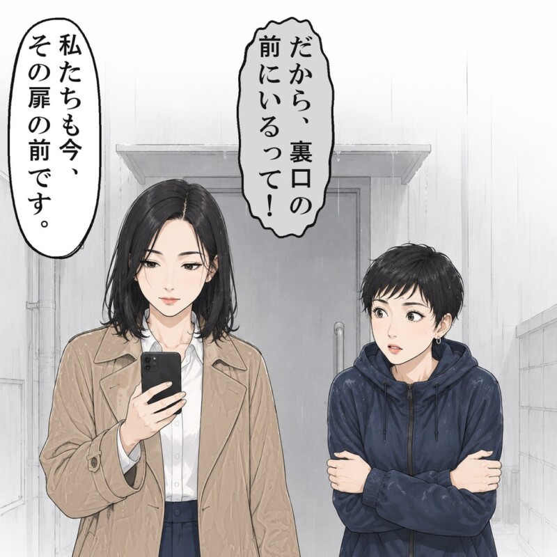 閉まった裏口から電話すると、店長はそこにいると言い張りました