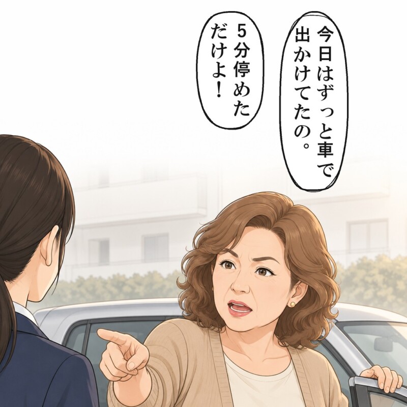 女性は、ずっと車で出かけていて5分だけだと言い張りました