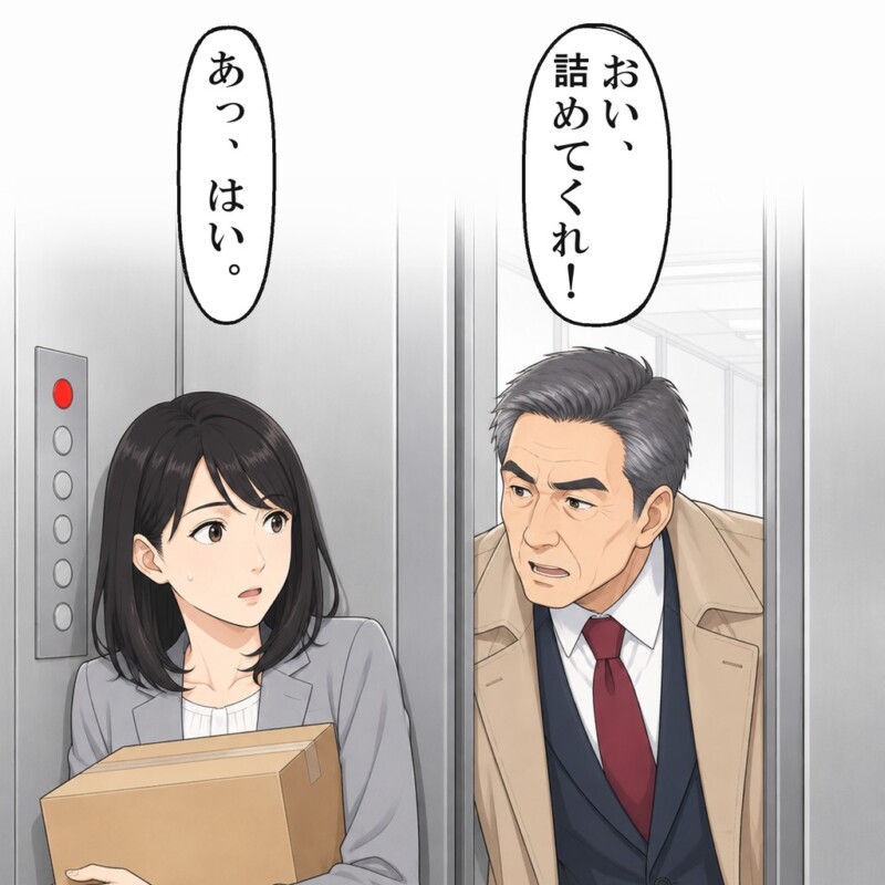月曜の朝、私は重い箱を抱えて満員のエレベーターに乗りました