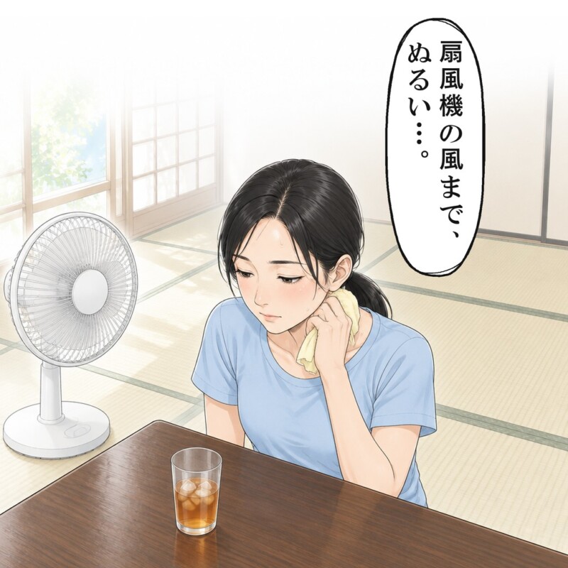 私は扇風機のぬるい風の前で、1時間じっと耐えました