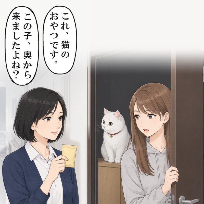 おやつの袋を振ると、鈴の首輪をつけた白い猫が靴箱に飛び乗りました
