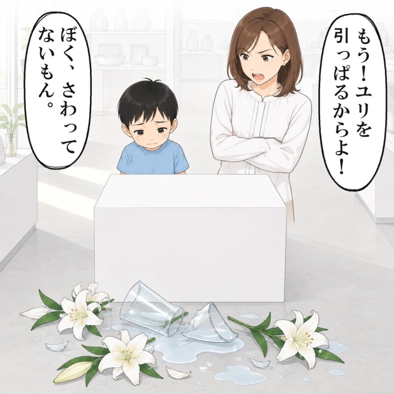 花瓶の割れる音がして、母親が男の子を叱っていました