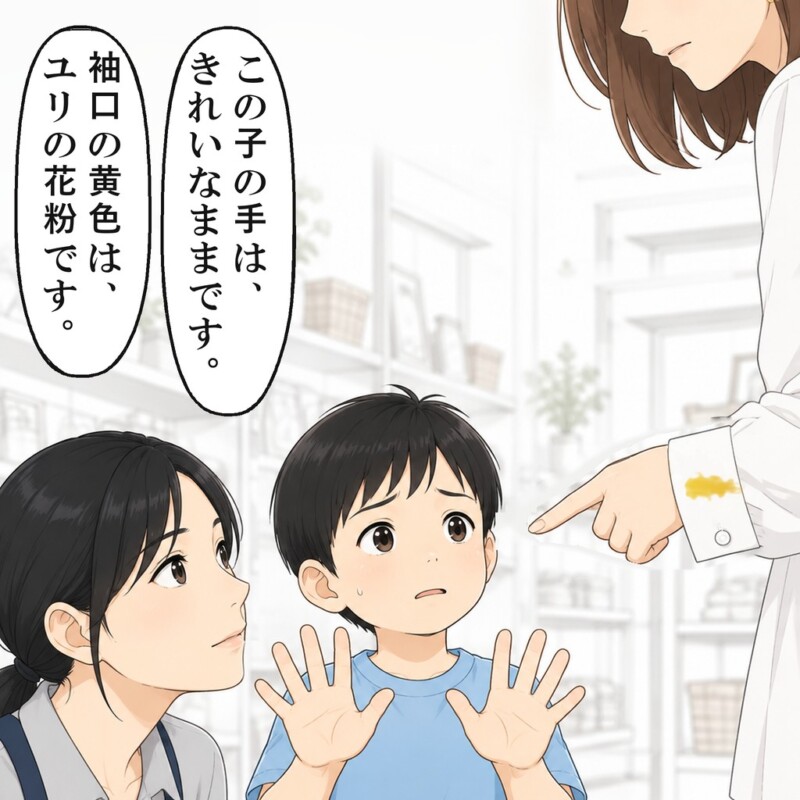 男の子の手はきれいで、母親の袖口に黄色い花粉がついていました
