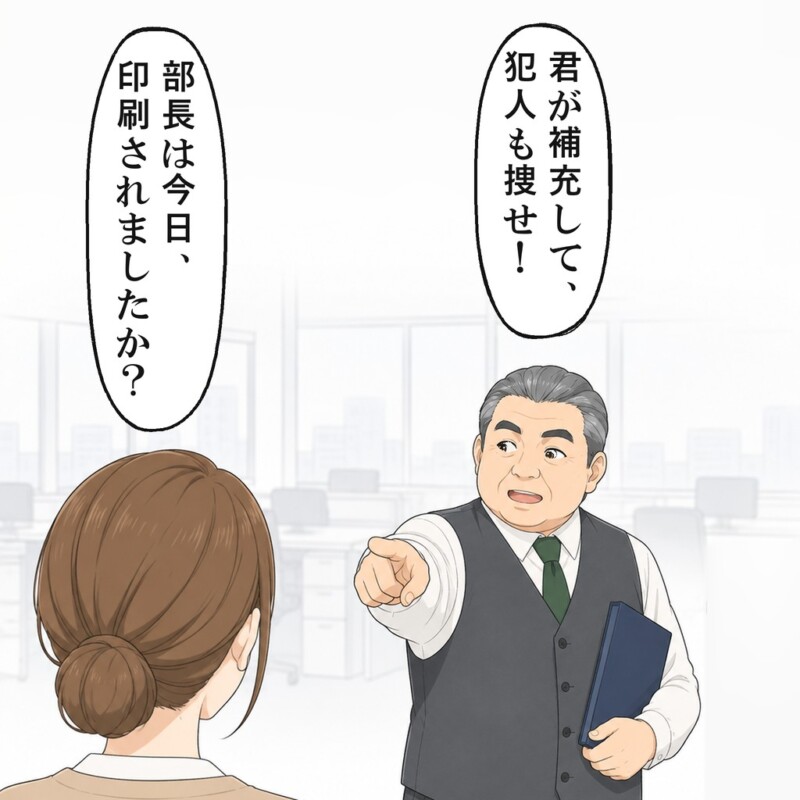部長は、席が一番近い私に補充と犯人捜しを命じました