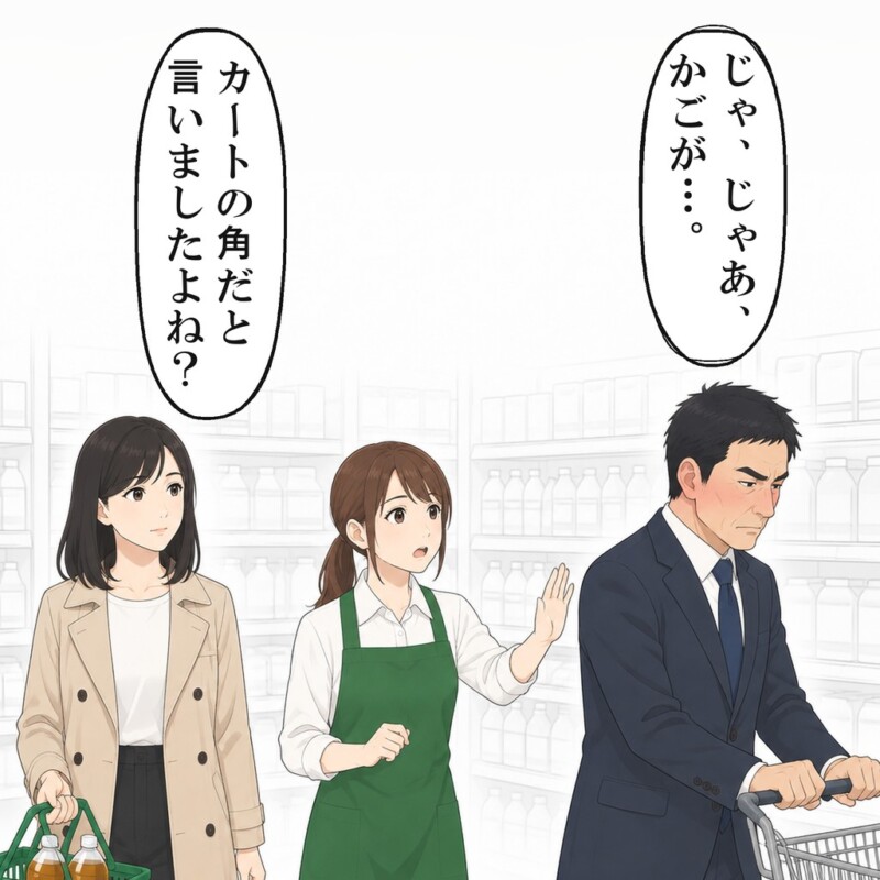 蹴ったカートの件も問われ、男性は逃げるように去りました